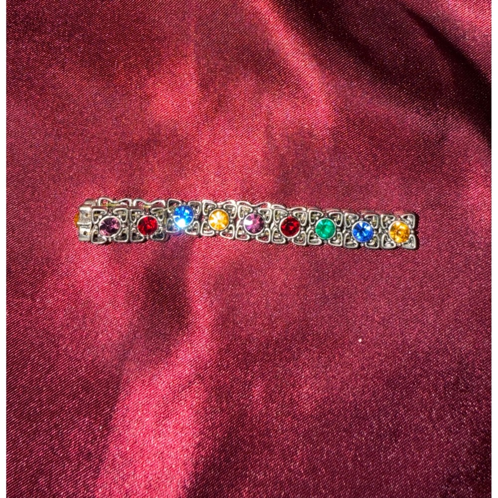 Vintage Silver Tone Multi Color Rhinestone Filigree Heart Link Tennis Bracelet